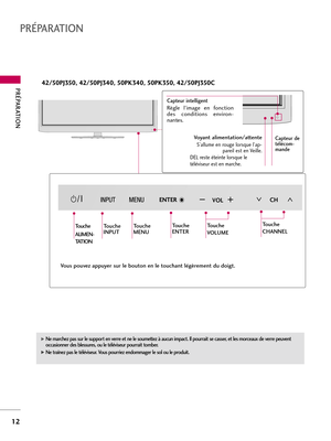 Page 132PRÉPARATION
12
PRÉPARATION
CHVOLENTER
CHVOLENTER
CHCHVOLVOLENTERENTER
Touche 
ALIMEN-
TATIONTouche
INPUTTouche
MENUTouche
ENTERTouche
VOLUME 
Voyant alimentation/attente
S’allume en rouge lorsque l’ap-
pareil est en Veille.
DEL reste éteinte lorsque le
téléviseur est en marche.
42/50PJ350, 42/50PJ340, 50PK340, 50PK350, 42/50PJ350C
Capteur intelligent
Règle  l’image  en  fonction
des  conditions  environ-
nantes. 
Touche
CHANNEL
G Ne marchez pas sur le support en verre et ne le soumettez à aucun impact....