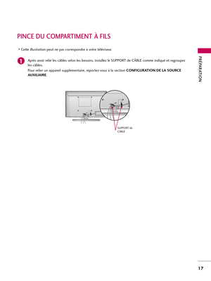 Page 137PRÉPARATION
17
PINCE DU COMPARTIMENT À FILS 
Après avoir relié les câbles selon les besoins, installez le SUPPORT de CÂBLE comme indiqué et regroupez
les câbles.
Pour relier un appareil supplémentaire, reportez-vous à la section CONFIGURATION DE LA SOURCE
AUXILIAIRE.1
SUPPORT de 
CÂBLE
Cette illustration peut ne pas correspondre à votre téléviseur. 