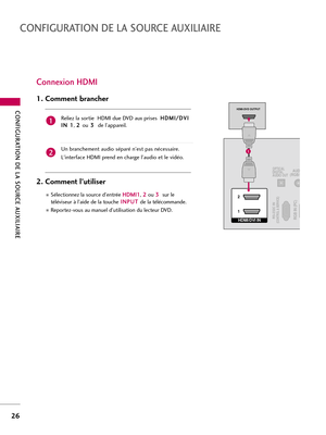 Page 146CONFIGURATION DE LA SOURCE AUXILIAIRE
26
CONFIGURATION DE LA SOURCE AUXILIAIRE
Connexion HDMI 
Reliez la sortie  HDMI due DVD aux prises H HD
DM
MI
I/
/D
DV
VI
I
I IN
N 
 1
1
, 2 2 
 
ou3 3 
 
de l’appareil.
Un branchement audio séparé n’est pas nécessaire.
L'interface HDMI prend en charge l'audio et le vidéo.
1. Comment brancher
2. Comment l’utiliser
Sélectionnez la source d’entrée H HD
DM
MI
I1
1
, 2 2
ou 3 3 
 
sur le
téléviseur à l’aide de la toucheI IN
NP
PU
UT
T
de la télécommande....