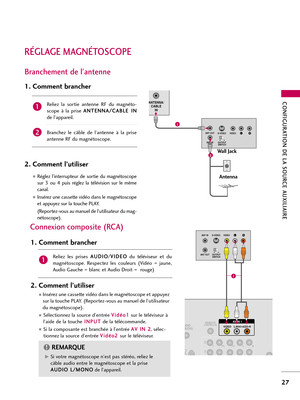 Page 147CONFIGURATION DE LA SOURCE AUXILIAIRE
27
RÉGLAGE MAGNÉTOSCOPE
Branchement de l'antenne 
ANTENNA/
CABLE
IN
LRS-VIDEO VIDEO
OUTPUT
SWITCH ANT IN ANT OUT
Wall Jack
Antenna
1
2
Reliez  la  sortie  antenne  RF  du  magnéto-
scope  à  la  prise A AN
NT
TE
EN
NN
NA
A/
/C
CA
AB
BL
LE
E 
 I
IN
N
de l’appareil.
Branchez  le  câble  de  l’antenne  à  la  prise
antenne RF du magnétoscope.
1. Comment brancher
2. Comment l’utiliser
Réglez  l’interrupteur  de  sortie  du  magnétoscope
sur  3  ou  4  puis  réglez...