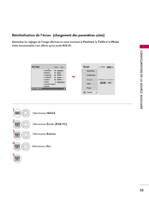 Page 155CONFIGURATION DE LA SOURCE AUXILIAIRE
35
Réinitialisation de l’écran  (chargement des paramètres usine)
Réinitialise les réglages de l’image effectués en usine touchant la P Po
os
si
it
ti
io
on
n
, la T Ta
ai
il
ll
le
e
et la P Ph
ha
as
se
e
. 
Cette fonctionnalité n’est offerte qu’en mode RGB-PC. 
Sélectionnez R Re
em
mi
is
se
e
.3
ENTER
Sélectionnez I IM
MA
AG
GE
E
.
Sélectionnez É Éc
cr
ra
an
n 
 (
(R
RG
GB
B-
-P
PC
C)
)
.
1
MENU
2ENTER
Sélectionnez O Ou
ui
i
.
4
ENTER
5
ENTER
Config.auto
Position...