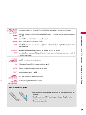Page 157VISIONNEMENT DE LA TÉLÉVISION / COMMANDE DES CHAÎNES
37
Installation des piles
Installation  des  piles  l’arrière  et  installer  les  piles  en  observant  les
polarités.
Installer deux piles 1,5 V AAA. Ne pas mélanger des piles usées
avec des piles neuves.
Remettre le couvercle.
NAVIGATEUR(ascendant/desce
ndant/gauche
droite/ENTER)
MENU
INFO
Q.MENU
BACK
SIMPLINK
EXIT
VOLUME 
ASCENDANT
/DESCENDANT
FAV
RATIO
MUTE
CHANNEL
ASCENDANT
/DESCENDANT
PA G EASCENDANT
/DESCENDANT
Permet de naviguer les menus à...