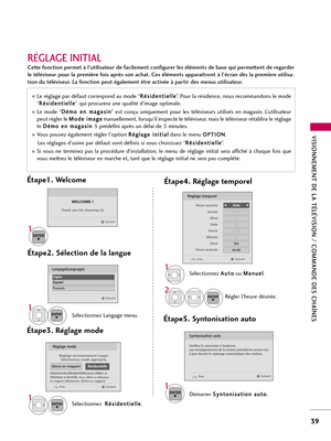 Page 159VISIONNEMENT DE LA TÉLÉVISION / COMMANDE DES CHAÎNES
39
RÉGLAGE INITIAL
Cette fonction permet à l’utilisateur de facilement configurer les éléments de base qui permettent de regarder
le téléviseur pour la première fois après son achat. Ces éléments apparaîtront à l’écran dès la première utilisa-
tion du téléviseur. La fonction peut également être activée à partir des menus utilisateur. 
Sélectionnez  R Ré
és
si
id
de
en
nt
ti
ie
el
ll
le
e
.
1ENTER
Réglage environnement usager.
Sélectionner mode...