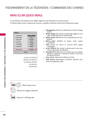 Page 162VISIONNEMENT DE LA TÉLÉVISION / COMMANDE DES CHAÎNES
42
VISIONNEMENT DE LA TÉLÉVISION / COMMANDE DES CHAÎNES
MENU ÉCLAIR (QUICK MENU)
Affiche chaque menu. 
Effectuez les réglages appropriés.  L’écran OSD de votre téléviseur peut différer légèrement de l’illustration du présent manuel. 
Le Q.Menu (Menu éclair) comprend des fonctions auxquelles l’utilisateur pourrait faire fréquemment appel. 
1
Q.MENU
2
3
Retourner à l’affichage télé. 
Q.Menu
Fermer
F F16:9     G
G
Clair
Standard
Arrêt
Français
Arrêt...