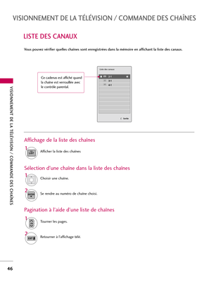 Page 166VISIONNEMENT DE LA TÉLÉVISION / COMMANDE DES CHAÎNES
46
LISTE DES CANAUX
VISIONNEMENT DE LA TÉLÉVISION / COMMANDE DES CHAÎNES
Vous pouvez vérifier quelles chaînes sont enregistrées dans la mémoire en affichant la liste des canaux.
Afficher la liste des chaînes
1
LIST
Affichage de la liste des chaînes
Choisir une chaîne.1
Se rendre au numéro de chaîne choisi.2ENTER
Sélection d'une chaîne dans la liste des chaînes
Tourner les pages.1
CHP
A
G
E
Retourner à l’affichage télé. 2
Pagination à l’aide d’une...