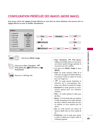 Page 189COMMANDE DE L’IMAGE
69
CONFIGURATION PRÉRÉGLÉE DES IMAGES (MODE IMAGE)
Vous  pouvez  choisir  des  réglages  d’image  effectués  en  usine  dans  les  menus  utilisateur.  Vous  pouvez  choir  un
réglage effectué en usine, le modifier manuellement. 
1
Q.MENUSélectionnez M Mo
od
de
e 
 i
im
ma
ag
ge
e
.
ClairStandard
Proficient1
Proficient2
JeuSport
2Sélectionnez C Cl
la
ai
ir
r
,S St
ta
an
nd
da
ar
rd
d
,,
F Fi
il
lm
m
, S Sp
po
or
rt
t
, J Je
eu
u
, P Pr
ro
of
fi
ic
ci
ie
en
nt
t1
1
ou 
P Pr
ro
of
fi...