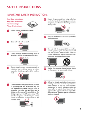 Page 33
IMPORTANT SAFETY INSTRUCTIONS
SAFETY INSTRUCTIONS
Read these instructions.
Keep these instructions.
Heed all warnings.
Follow all instructions.
Do not use this apparatus near water.
Clean only with soft dry cloth.
Do  not  block  any  ventilation  openings.  Install  in
accordance with the manufacturer’s instructions.
Do  not  install  near  any  heat  sources  such  as
radiators,  heat  registers,  stoves,  or  other
apparatus  (including  amplifiers)that  produce
heat.
Do not defeat the safety...