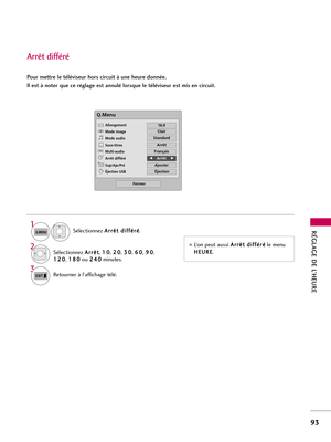 Page 213RÉGLAGE DE L’HEURE
93
Arrêt différé
Pour mettre le téléviseur hors circuit à une heure donnée. 
Il est à noter que ce réglage est annulé lorsque le téléviseur est mis en circuit.
L’on peut aussi A Ar
rr
rê
êt
td
di
if
ff
fé
ér
ré
é
le menu
H HE
EU
UR
RE
E. Sélectionnez A Ar
rr
rê
êt
td
di
if
ff
fé
ér
ré
é
.
1
Q.MENU
2Sélectionnez A Ar
rr
rê
êt
t
, 1 10
0
, 2 20
0
, 3 30
0
, 6 60
0
, 9 90
0
,
1 12
20
0
, 1 18
80
0
ou 2 24
40
0
minutes.
3Retourner à l’affichage télé. 
Q.Menu
Fermer
F F16:9     G
G
Clair...