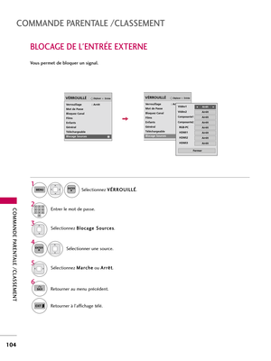 Page 224VÉRROUILLÉ
Verrouillage            : Arrêt
Mot de Passe
Bloquez Canal
Films
Enfants
Général
Téléchargeable
Blocage Sources
EntréeDéplacer
COMMANDE PARENTALE /CLASSEMENT
104
COMMANDE PARENTALE /CLASSEMENT
BLOCAGE DE L'ENTRÉE EXTERNE
Vous permet de bloquer un signal. 
Sélectionnez B Bl
lo
oc
ca
ag
ge
e 
 S
So
ou
ur
rc
ce
es
s
.
Sélectionner une source.
4 3
Sélectionnez M Ma
ar
rc
ch
he
e
ou A Ar
rr
rê
êt
t
.5
ENTER
Sélectionnez V VÉ
ÉR
RR
RO
OU
UI
IL
LL
LÉ
É
.
1
MENUENTER
Entrer le mot de passe.2123...