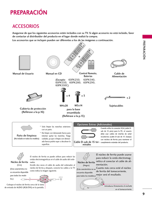 Page 249PREPARACIÓN 
9
PREPARACIÓN 
ACCESORIOS
Asegurese de que los siguientes accesorios estén incluidos con su TV. Si algún accesorio no está incluido, favor
de contactar al distribuidor del producto en el lugar donde realizó la compra.
Los accesorios que se incluyen pueden ser diferentes a los de las imágenes a continuación.
Cubierta de protección
(Refiérase a la p.16)
1.5V 1.5V
Manual de Usuario Cable de 
AlimentaciónControl Remoto,
Baterías
ENERGY
CH VOL
ON/OFF123
45
06
789
LISTFLASHBKMARK      
FREEZE...