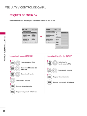 Page 290VER LA TV / CONTROL DE CANAL
50
VER LA TV / CONTROL DE CANAL
ETIQUETA DE ENTRADA
Puede establecer una etiqueta para cada fuente cuando no esta en uso.
Seleccione O OP
PC
CI
IÓ
ÓN
N
.
Seleccione E Et
ti
iq
qu
ue
et
ta
a 
 d
de
e
e en
nt
tr
ra
ad
da
a
.
Seleccione la etiqueta.
1MENU
2ENTER
Seleccione la fuente.
3ENTER
4
5
BACKRegresar al menú anterior.
Regresar a la pantalla del televisor.
Usando el menú OPCIÓN
Seleccione la
fuente(exceptoT TV
V
).
Seleccione la etiqueta.1
2
3
BACKRegresar al menú...