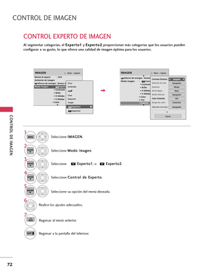 Page 312CONTROL DE IMAGEN
72
CONTROL DE IMAGEN
Seleccione su opción del menú deseada.
Seleccione I IM
MA
AG
GE
EN
N
.
Seleccione M Mo
od
do
o 
 i
im
ma
ag
ge
en
n
.
Seleccione C Co
on
nt
tr
ro
ol
l 
 d
de
e 
 E
Ex
xp
pe
er
rt
to
o
. Seleccione E Ex
xp
pe
er
rt
to
o1
1
, oE Ex
xp
pe
er
rt
to
o2
2
.
1
MENU
3 2
ENTER
ENTER
4ENTER
5
ENTER
Realice los ajustes adecuados.
6
CONTROL EXPERTO DE IMAGEN
Al segmentar categorías, el E Ex
xp
pe
er
rt
to
o1
1
y E Ex
xp
pe
er
rt
to
o2
2
proporcionan más categorías que los...