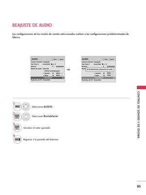 Page 323CONTROL DE SONIDO Y DE IDIOMA 
83
REAJUSTE DE AUDIO
Las configuraciones de los modos de sonido seleccionados vuelven a las configuraciones predeterminadas de
fábrica.
Seleccione A AU
UD
DI
IO
O
.
Seleccione R Re
es
st
ta
ab
bl
le
ec
ce
er
r
.
1MENU
2ENTER
Inicialice el valor ajustado.
3ENTER
4
Regresar a la pantalla del televisor.
IngresarMoverAUDIO
Volumen automático: Apagado
Voz Clara II : Encendido        + 3
Balance 0
Modo de audio : Estándar
• 
Infinite Sound:Apagado
• Agudos     50
• Bajos...