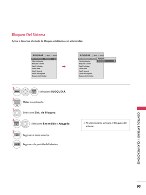 Page 335CONTROL PATERNO / CLASIFICACIONES
95
Activa o desactiva el estado de bloqueo establecido con anterioridad.
Bloqueo Del Sistema
Seleccione S Si
is
st
t.
. 
 d
de
e 
 B
Bl
lo
oq
qu
ue
eo
o
.
Seleccione E En
nc
ce
en
nd
di
id
do
o
o A Ap
pa
ag
ga
ad
do
o
.
4 3ENTERAl seleccionarlo, activara el Bloqueo del
sistema. Seleccione B BL
LO
OQ
QU
UE
EA
AR
R
.
1MENUENTER
Meter la contraseña2123
45
06
789
5
BACKRegresar al menú anterior.
Regresar a la pantalla del televisor.
IngresarMoverBLOQUEAR
Sist. de Bloqueo :...