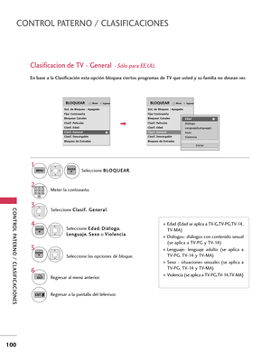 Page 340CONTROL PATERNO / CLASIFICACIONES
100
CONTROL PATERNO / CLASIFICACIONES
Clasificacion de TV - General- Sólo para EE.UU.
En base a la Clasificación esta opción bloquea ciertos programas de TV que usted y su familia no desean ver.
Seleccione C Cl
la
as
si
if
f.
. 
 G
Ge
en
ne
er
ra
al
l
.
Seleccione E Ed
da
ad
d
, D Di
iá
ál
lo
og
go
o
,
L Le
en
ng
gu
ua
aj
je
e
, S Se
ex
xo
o
o V Vi
io
ol
le
en
nc
ci
ia
a
.
4 3ENTER
Seleccione las opciones de bloque.
5ENTER
Edad (Edad se aplica a TV-G,TV-PG,TV-14,...