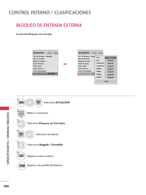 Page 344CONTROL PATERNO / CLASIFICACIONES
104
CONTROL PATERNO / CLASIFICACIONES
BLOQUEO DE ENTRADA EXTERNA
Le permite bloquear una entrada.
Seleccione B Bl
lo
oq
qu
ue
eo
o 
 d
de
e 
 E
En
nt
tr
ra
ad
da
as
s
.
Seleccione una fuente.
4 3
Seleccione A Ap
pa
ag
ga
ad
do
o 
 
o E En
nc
ce
en
nd
di
id
do
o5
ENTER
Seleccione B BL
LO
OQ
QU
UE
EA
AR
R
.
1
MENUENTER
Meter la contraseña.2123
45
06
789
6
BACKRegresar al menú anterior.
Regresar a la pantalla del televisor.
IngresarMoverBLOQUEAR
Sist. de Bloqueo : Apagado...