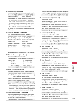 Page 357APÉNDICE
117
0 01
1.
.A
Al
li
im
me
en
nt
ta
ac
ci
ió
ón
n 
 (
(C
Co
om
ma
an
nd
do
o:
: 
 k
k 
 a
a)
)
Para controlar la potencia Encendida/Apagada de la TV.
Transmisión [k][a][  ][ID del Televisor][  ][Data][Cr]
Dato 00 : Apagado Dato 01 : Encendido
Reconocimiento 
[a][  ][ID del Televisor][  ][OK/NG][Dato][x]
* Si otras funciones transmiten datos ‘FF’ basados en
este formato, el reconocimiento de retroalimentación
de datos, presenta un estado acerca de cada función.
* En este modelo, el televisor...