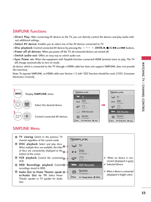 Page 53WATCHING TV / CHANNEL CONTROL
53
D Di
ir
re
ec
ct
t 
 P
Pl
la
ay
y:
: 
 
After connecting AV devices to the TV, you can directly control the devices and play media with-
out additional settings.
S Se
el
le
ec
ct
t 
 A
AV
V 
 d
de
ev
vi
ic
ce
e:
: 
 
Enables you to select one of the AV devices connected to TV.
D Di
is
sc
c 
 p
pl
la
ay
yb
ba
ac
ck
k:
: 
 
Control connected AV devices by pressing the  , ENTER, G, A, l l 
 l
l
, FFand GGbuttons. 
P Po
ow
we
er
r 
 o
of
ff
f 
 a
al
ll
l 
 d
de
ev
vi
ic...