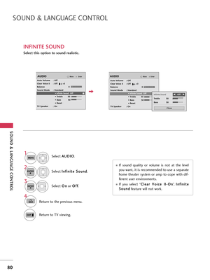 Page 80SOUND & LANGUAGE CONTROL
80
SOUND & LANGUAGE CONTROL
INFINITE SOUND
Select this option to sound realistic.
Select A AU
UD
DI
IO
O
.
Select I In
nf
fi
in
ni
it
te
e 
 S
So
ou
un
nd
d
.
Select O On
n
or O Of
ff
f
.
1
MENU
3 2
ENTER
ENTER
4
BACKReturn to the previous menu.
Return to TV viewing.
If  sound  quality  or  volume  is  not  at  the  level
you want, it is recommended to use a separate
home  theater  system  or  amp  to  cope  with  dif-
ferent user environments.
If  you  select  “C Cl
le
ea
ar
r...