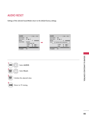 Page 83SOUND & LANGUAGE CONTROL
83
AUDIO RESET
Settings of the selected Sound Mode return to the default factory settings.
Select A AU
UD
DI
IO
O
.
Select R Re
es
se
et
t
.
1MENU
2ENTER
Initialize the adjusted value.
3ENTER
4
Return to TV viewing.
EnterMoveAUDIO
Auto Volume : Off
Clear Voice II : Off        +3
Balance 0
Sound Mode : Standard
• 
Infinite Sound:Off
• Treble        50
• Bass           50
• Reset
TV Speaker : On
EnterMoveAUDIO
Auto Volume : Off
Clear Voice II : Off        +3
Balance 0
Sound Mode :...