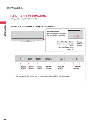 Page 10PREPARATION
10
FRONT PANEL INFORMATION
PREPARATION
Image shown may differ from your TV.
50/60PK550, 50/60PK540, 42/50PJ550, 50/60PK550C 
CHVOLENTER
CHVOLENTER
CHCHVOLVOLENTERENTER
POWER
ButtonINPUT
ButtonMENU
ButtonENTER
ButtonVOLUME
Buttons
Power/Standby Indicator
Illuminates red in standby
mode.
The LED is off while the TV
remains on.
Intelligent Sensor
Adjusts picture according to
the surrounding conditions.  
CHANNEL
Buttons
Remote
Control
Sensor 
You can operate the button just by touching the...