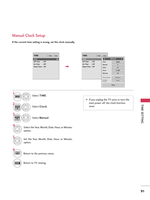 Page 91TIME SETTING
91
Manual Clock Setup
If the current time setting is wrong, set the clock manually.
Select T TI
IM
ME
E
.
Select C Cl
lo
oc
ck
k
.
Select M Ma
an
nu
ua
al
l
.1
MENU
3 2
ENTER
ENTER
Select the Year, Month, Date, Hour, or Minutes
option.4
Set  the  Year,  Month,  Date,  Hour,  or  Minutes
option.5
6
BACKReturn to the previous menu.
Return to TV viewing.
EnterMoveTIME
Clock
Off Time : Off
On Time : Off
Sleep Timer : Off
EnterMoveTIME
Clock
Off Time : Off
On Time : Off
Sleep Timer : Off
Year...