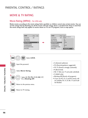 Page 98PARENTAL CONTROL / RATING
98
PARENTAL CONTROL / RATINGS
MOVIE & TV RATING
Movie Rating (MPAA)- For USA only 
Blocks movies according to the movie ratings limits specified, so children cannot view certain movies. You can
set  the  ratings  limit  by  blocking  out  all  the  movies  with  the  ratings  above  a  specified  level.  Keep  in  mind  that
the movie ratings limit only applies to movies shown on TV, not TV programs, such as soap operas.
Select M Mo
ov
vi
ie
e 
 R
Ra
at
ti
in
ng
g
.
Select G G
,...