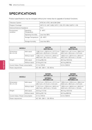 Page 116SPECIFICATIONS
MODELS
50PZ950(50PZ950-UA)60PZ950(60PZ950-UA)
50PZ950U(50PZ950U-UA)60PZ950U(60PZ950U-UA)
Dimensions(W x H x D)With stand1175.2 mm x 787.6 mm x 317.2 mm(46.2 inch x 31.0 inch x 12.4 inch)1393.4 mm x 916.4 mm x 364.4 mm(54.8 inch x 36.0 inch x 14.3 inch)
Without stand1175.2 mm x 720.6 mm x 49.6 mm(46.2 inch x 28.3 inch x 1.9 inch)1393.4 mm x 843.8 mm x 49.6 mm(54.8 inch x 33.2 inch x 1.9 inch)
WeightWith stand32.5 kg (71.6 lb)46.3 kg (102.0 lb)
Without stand28.9 kg (63.7 lb)40.3 kg (88.8...