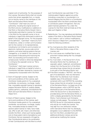 Page 153original work of authorship. For the purposes of 
this License, Derivative Works shall not include 
works that remain separable from, or merely 
link (or bind by name) to the interfaces of, the 
Work and Derivative Works thereof.
“Contribution” shall mean any work of 
authorship, including the original version of 
the Work and any modifications or additions to 
that Work or Derivative Works thereof, that is 
intentionally submitted to Licensor for inclusion 
in the Work by the copyright owner or by an...