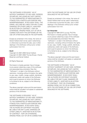 Page 156THE SOFTWARE IS PROVIDED “AS IS”, 
WITHOUT WARRANTY OF ANY KIND, EXPRESS 
OR IMPLIED, INCLUDING BUT NOT LIMITED 
TO THE WARRANTIES OF MERCHANTABILITY, 
FITNESS FOR A PARTICULAR PURPOSE AND 
NONINFRINGEMENT. IN NO EVENT SHALL THE 
DANIEL VEILLARD BE LIABLE FOR ANY CLAIM, 
DAMAGES OR OTHER LIABILITY, WHETHER 
IN AN ACTION OF CONTRACT, TORT OR 
OTHERWISE, ARISING FROM, OUT OF OR IN 
CONNECTION WITH THE SOFTWARE OR THE 
USE OR OTHER DEALINGS IN THE SOFTWARE.
  
Except as contained in this notice, the name of...