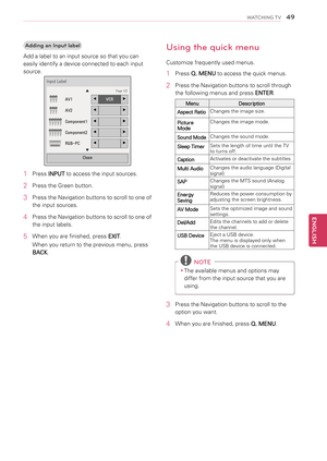 Page 49Adding an Input lab\1el
Add a label to an input source so that you can 
easily identify a device connected to each input 
source.
ꔌ
AV1◀VCR▶
AV2◀▶
Component1◀▶
Component2◀▶
RGB-PC◀▶
ꔍ
Close
Page 1/2
Input Label
1  Press INPUT to access the input sources.
2 Press the Green button.
3 Press the Navigation buttons to scroll to one of 
the input sources.
4 Press the Navigation buttons to scroll to one of 
the input labels.
5 When you are finished, press EXIT.
When you return to the previous menu, press...