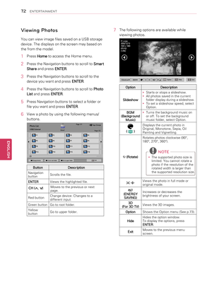 Page 72  Viewing Photos
You can view image files saved on a USB storage 
device. The displays on the screen may based on 
the from the model.
1  Press Home to access the Home menu.
2  Press the Navigation buttons to scroll to 
Smart 
Share  and press 
ENTER.
3  Press the Navigation buttons to scroll to the 
device you want and press  ENTER. 
4  Press the Navigation buttons to scroll to 
Photo 
List  and press 
ENTER.
5  Press Navigation buttons to select a folder or 
file you want and press  ENTER.
6  View a...