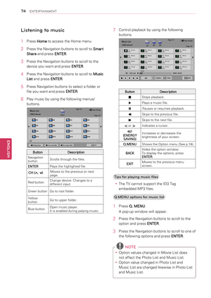 Page 74    Listening to music
1  Press Home to access the Home menu.
2  Press the Navigation buttons to scroll to 
Smart 
Share  and press 
ENTER.
3  Press the Navigation buttons to scroll to the 
device you want and press  ENTER. 
4  Press the Navigation buttons to scroll to 
Music 
List  and press 
ENTER.
5  Press Navigation buttons to select a folder or 
file you want and press  ENTER.
6  Play music by using the following menus/
buttons.
Page 1/1Music ListUSB2 ExternalDrive1 Page 1/2
 ꘃ Page Change
 M1 M2 M3...