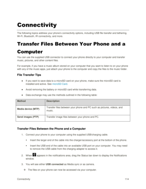 Page 123Connectivity 114 
Connectivity 
The following topics address your phone‘s connectivity options, including USB file transfer and tethering, 
Wi-Fi, Bluetooth, IR connectivity, and more. 
Transfer Files Between Your Phone and a 
Computer 
You can use the supplied USB connector to connect your phone directly to your computer and transfer 
music, pictures, and other content files.  
For example, if you have a music album stored on your computer that you want to listen to on your phone 
with any of the music...