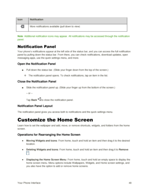 Page 57Your Phone Interface 48 
Icon Notification 
 More notifications available (pull down to view) 
 
Note: Additional notification icons may appear. All notifications may be accessed through the notification 
panel. 
Notification Panel 
Your phone‘s notifications appear at the left side of the status bar, and you can access the full notification 
panel by pulling down the status bar. From there, you can check notifications, download updates, open 
messaging apps, use the quick settings menu, and more. 
Open...