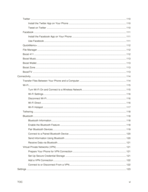 Page 7TOC vi 
Twitter ............................................................................................................................................... 110 
Install the Twitter App on Your Phone ...................................................................................... 110 
Tweet on Twitter ....................................................................................................................... 110 
Facebook...