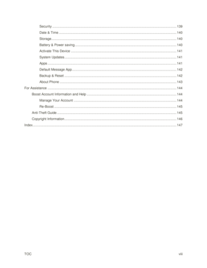 Page 9TOC viii 
Security ..................................................................................................................................... 139 
Date & Time .............................................................................................................................. 140 
Storage ...................................................................................................................................... 140 
Battery & Power saving...