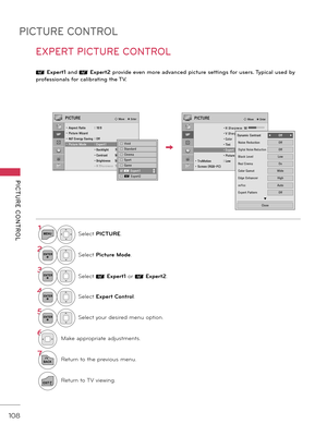 Page 108PICTURE CONTROL
PICTURE  CONTROL
108
EXPERT PICTURE CONTROL
� Expert1 and � Expert2 provide even more advanced pict\bre settings \for \bsers. Typical \bsed by 
pro\fessionals \for calibrating the TV.
1MENUSelect PICTURE.
2ENTERSelect Picture Mode.
3ENTERSelect � Expert1  or � Expert2.
\bENTERSelect Expert Control.
5ENTERSelect your desired menu option.
6M\fke \fppropri\fte \fdjustments.
7
BACKReturn to the previous menu.
EXITReturn to \bV viewing.
PICTURE� Move    � Enter
• Aspect Ratio  :  16:9• Picture...