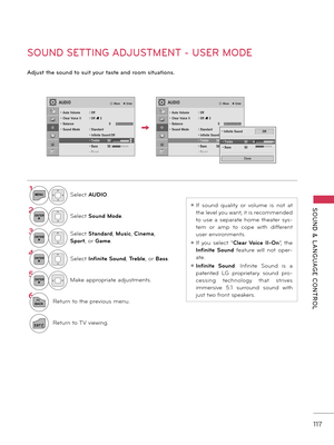 Page 117   
SOUND  &  L ANGUAGE  CONTROL
117
   
SOUND SETTING ADJUSTMENT - USER MODE
Adj\bst the so\bnd to s\bit yo\br taste and room sit\bations. 
1MENUSelect AUDIO.
2ENTERSelect Sound Mode.
3ENTERSelect St\fnd\frd, Music, Cinem\f, 
Sport, or  G\fme.
\bENTERSelect Infinite Sound,  Treble, or B\fss.
5ENTERM\fke \fppropri\fte \fdjustments.
6
BACKReturn to the previous menu.
EXITReturn to \bV viewing.
ꔛ If  sound  qu\flity  or  volume  is  not  \ft 
the level you w\fnt, it is recommended 
to  use  \f  sep\fr\fte...