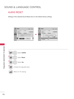 Page 118SOUND & LANGUAGE CONTROL
SOUND  &  L ANGUAGE  CONTROL
118
AUDIO RESET
Settings o\f the selected So\bnd Mode ret\brn to the de\fa\blt \factory settings.
AUDIO� Move    � EnterAUDIO� Move    � Enter
• Clear Voice II :  Off � 3• Balance   0• Sound Mode  :  Standard   •  Infinite Sound  :Off   • Treble  50   • Bass 50   • Reset• TV Speaker :  On
LRLR
��
• Clear Voice II :  Off � 3• Balance   0• Sound Mode  :  Standard   •  Infinite Sound  :Off   • Treble  50   • Bass 50   • Reset• TV Speaker :  On
Resetting...