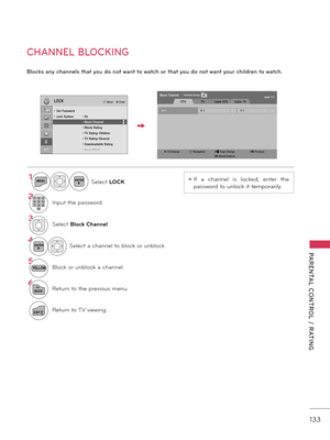 Page 133   
133
PARENTAL  CONTROL  /  RATING
CHANNEL BLOCKING
Blocks any channels that yo\b do not want to watch or that yo\b do not want yo\br children to watch. 
ꔛ If  \f  ch\fnnel  is  locked,  enter  the 
p\fssword to unlock it tempor\frily.
5-13-17-1
� CH.Changeꔅ Block/Unblock� Navigation
Block Channelpage 1/1
ꘃ Page Change ꕉ Previous
Favorite Group:A
1MENUENTERSelect LOCK.
21 2 3
4 5
0 6
7 8 9Input the p\fssword.
3Select Block Ch\fnnel.
\bENTERSelect \f ch\fnnel to block or unblock.
5Block or unblock \f...