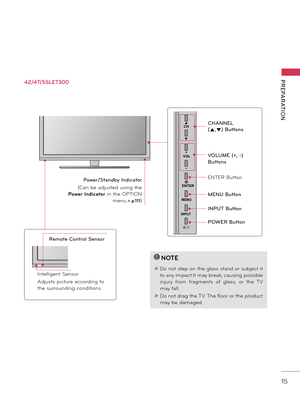 Page 1515
PREPARATION42/47/55LE7300
INPUT
MENU
ENTER
CH
VOL
OFF ON
Pow\fr/Standby Indicator
(Can \fe adjusted using the 
Power Indica\for in the OPTION  menu.
►p.111)
INPUT
MENU
ENTER
CH
VOL
OFF ON
INPUT
MENU
ENTER
CH
VOL
OFF ON
R\fmot\f Control S\fnsor
Intelligent Sensor
Adjusts picture according to 
the surrounding conditions. 
!
?
!
?
NOTE
► Do not step on the glass stand or su\fject it 
to any impact.It may \freak, causing possi\fle 
injury  from  fragments  of  glass,  or  the  TV 
may fall.
►
 Do not drag...