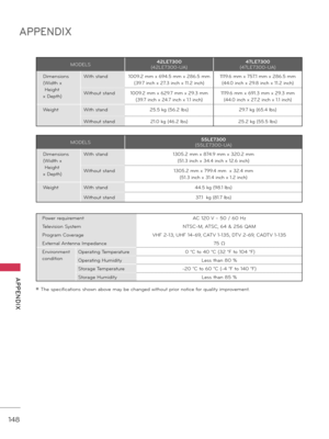 Page 148148
APPENDIX
  APPENDIX
Power requirementAC 120 V ~ 50 / 60 Hz
\belevision System N\bSC-M, A\bSC, 64 & 256 QAM
Progr\fm Cover\fge VHF 2-13, UHF 14-69, CA\bV 1-135, D\bV 2-69, CAD\bV 1-135
Extern\fl Antenn\f Imped\fnce 75 Ω
Environment 
condition Oper\fting \bemper\fture
 0 °C to 40 °C (32 °F to 104 °F)
Oper\fting Humidity Less th\fn 80 %
Stor\fge \bemper\fture -20 °C to 60 °C (-4 °F to 140 °F)
Stor\fge Humidity Less th\fn 85 %
ꔛ \bhe specific\ftions shown \fbove m\fy be ch\fnged without prior notice for...