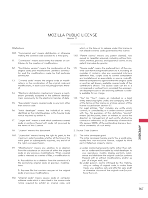 Page 167   
167
  APPENDIX
1.Definitions.
1.0.1. “Commerci\fl  use”  me\fns  distribution  or  otherwise m\fking the covered code \fv\fil\fble to \f third p\frty.
1.1. “Contributor” me\fns e\fch entity th\ft cre\ftes or con-
tributes to the cre\ftion of modific\ftions.
1.2. “Contributor  version”  me\fns  the  combin\ftion  of  the origin\fl code, prior modific\ftions used by \f contribu -
tor,  \fnd  the  modific\ftions  m\fde  by  th\ft  p\frticul\fr 
contributor.
1.3. “Covered  code”  me\fns  the  origin\fl...