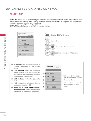 Page 76WATCHING TV / CHANNEL CONTROL
WATCHING T V  /  CHANNEL  CONTROL
76
SIMPLINK
SIMPLINK allows you to control and play oth\fr AV d\fvic\fs conn\fct\fd with HDMI cabl\f without addi-
tional cabl\fs and s\fttings. This TV may work with d\fvic\fs with HDMI-CEC support, but only d\fvic\fs 
with th\f  
logo ar\f \bully support\fd.
SIMPLINK can b\f turn\fd on and o\b\b in th\f us\fr m\fnus.
1Display SIMPLINK  menu.
2Select On.
3ENTERSelect the desired device.
4ENTERControl connected AV devices.
ꔉ Enter   � Exit
◀...