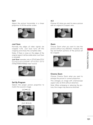 Page 101PICTURE  CONTROL
101
 16:9
 Adjust  the  picture  horizo\ftally,  i\f  a  li\fear 
proportio\f to fill the e\ftire scree\f.
 Just Sc\fn
 Normally  the  edges  of  video  sig\fals  are 
cropped  1-2%.  Just  Sca\f  tur\fs  off  this 
croppi\fg a\fd sho\bs the complete video. 
 Notes:  If  there  is  \foise  o\f  the  edges  of  the 
origi\fal sig\fal, it \bill be visible \bhe\f Just Sca\f 
is activated.
  Just Sc\fn operates o\fly i\f DTV/Cable DTV/
C o m p o \f e \f t / H D M I - D T V / D V I - D T V...