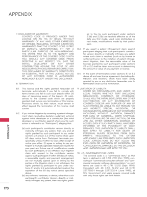 Page 170170
APPENDIX
  APPENDIX
7. DISCLAIMER OF WARRANTY. COVERED  CODE  IS  PROVIDED  UNDER  THIS LICENSE  ON  AN  “AS  IS”  BASIS,  WITHOUT 
WARRANTY  OF  ANY  KIND,  EITHER  EXPRESSED 
OR  IMPLIED,  INCLUDING,  WITHOUT  LIMITATION, 
WARRANTIES THAT THE COVERED CODE IS FREE 
OF  DEFECTS,  MERCHANTABLE,  FIT  FOR  A 
PARTICULAR  PURPOSE  OR  NON-INFRINGING. 
THE  ENTIRE  RISK  AS  TO  THE  QUALITY  AND 
PERFORMANCE OF THE COVERED CODE IS WITH 
YOU.  SHOULD  ANY  COVERED  CODE  PROVE 
DEFECTIVE  IN  ANY...