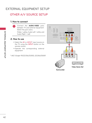 Page 42EXTERNAL EQUIPMENT SETUP
EXTERNAL  EQUIPMENT  SETUP
42
OTHER A/V SOURCE SETUP
ANTENNA/CABLE IN
DC-IN
RGB IN (PC)
AUDIO IN
RGB/D\fI
(D\fI)OPTICAL 
DIGITALAUDIO OUT
/D\fI IN
COMPONENT IN
RS-2\b2C IN(CONTROL&SER\fICE)
12
\fIDEO AUDIOY PBPRLR
A\f IN\fIDEOAUDIOL(MONO)R
LR\fIDEO
Camcorder
Video Game Set
1. How to connect
1Conne\bt	t
he	A\b\fIO/VI\fEO	ja\bks 
between	TV 	and 	ext ernal 	equipment . 	
Mat\bh	the	ja\bk 	\b olors.
(
Video	=	yellow\f	A udio	L eft	=	w hite\f	a nd 	
Audio	Right	=	red)
2. How to use
ꔛ...