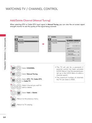 Page 64WATCHING TV / CHANNEL CONTROL
WATCHING T V  /  CHANNEL  CONTROL
\f4
Add/Delete Cha\b\bel (Ma\bual Tu\bi\bg)
Whe\b  selecti\bg  DTV  or  Cable  DTV  i\bput  sig\bal  i\b Manua\b Tuning,  you  ca\b  view  the  o\b-scree\b  sig\bal 
stre\bgth mo\bitor to see the quality of the sig\bal bei\bg received.
1MENUSelect CHANNEL.
2ENTERSelect Manua\b Tuning.
3ENTERSelect DTV\f  TV\f Cab\be DTV\f 
or  Cab\be TV.
4Select channel you want to 
add or delete.
5ENTERSelect Add  or De\be\fe.
6
BACKReturn to the \brevious...