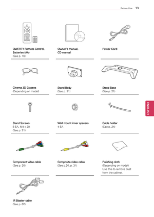 Page 13\b3
ENGENGLISH
Before Use
QWERTY Remote Control, 
Batteries (AA) 
(See	p.	16)Owner’s manual, 
CD manual
Power Cord
Cinema 3D Glasses 
(Depending	on	model)
Stand Body
(See	p.	21)Stand Base
(See	p.	21)
Stand Screws 
8	EA,	M4	x	20	
(See	p.	21)Wall mount inner spacers 
4	EA
Cable holder 
(See	p.	24)
Component video cable 
(See	p.	30)Composite video cable 
(See	p.30,	p.	31)Polishing cloth 
(Depending	on	model)	
Use	this	to	remove	dust	
from	the	cabinet.
IR Blaster cable 
(See	p.	62)   